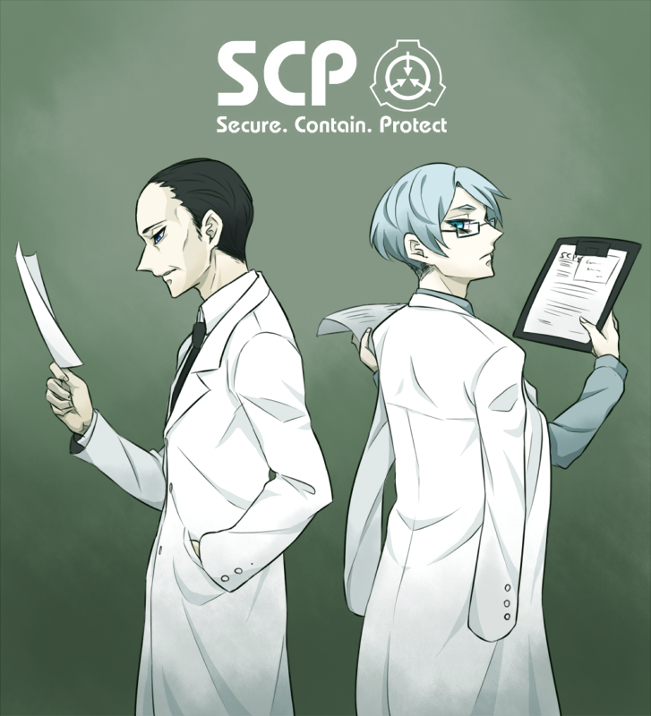2boys, artist_request, black_hair, blue_eyes, blue_hair, clipboard, copyright_name, gears_(scp), glasses, hand_in_pocket, iceberg_(scp), labcoat, logo, looking_back, male, multiple_boys, necktie, paper, scp_foundation