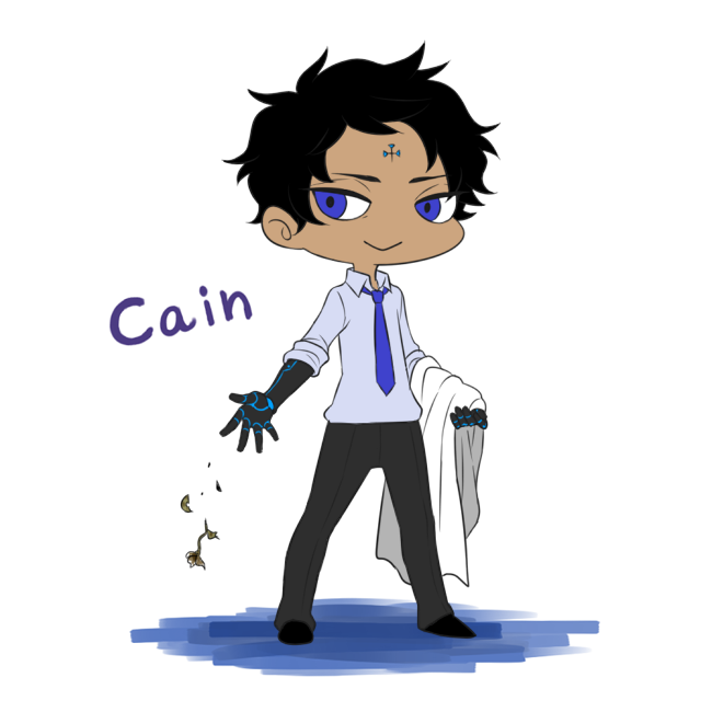 1boy, :>, artist_request, black_hair, blue_eyes, character_name, chibi, facial_mark