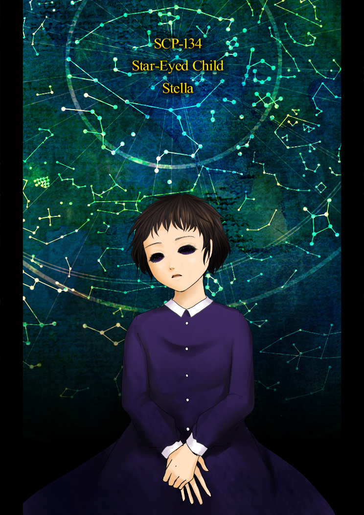 1girl, black_hair, character_name, constellation, dress, misima1029, parted_lips, scp-134, scp_foundation, short_hair, solo, tagme
