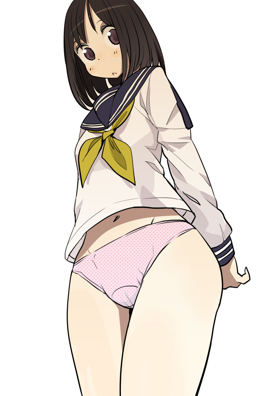 1girl, black_hair, blush, brown_eyes, from_below, hasesese, highres, looking_at_viewer