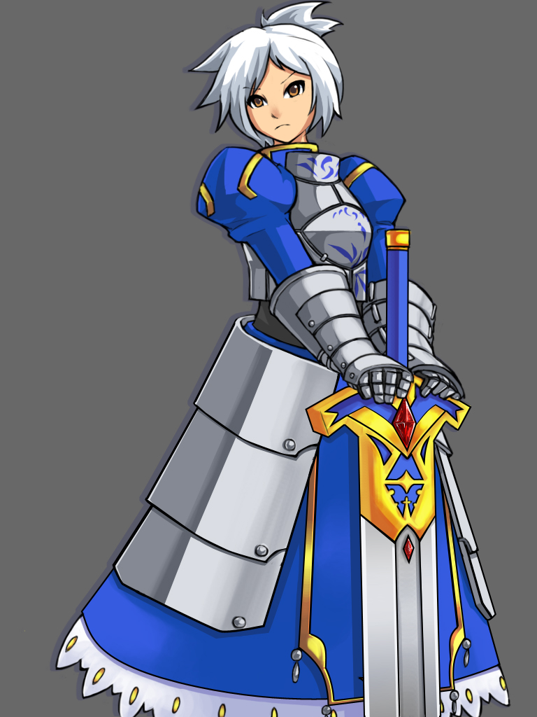 1girl, armor, armored_dress, brown_eyes, cosplay, dress, excalibur, fate/stay_night