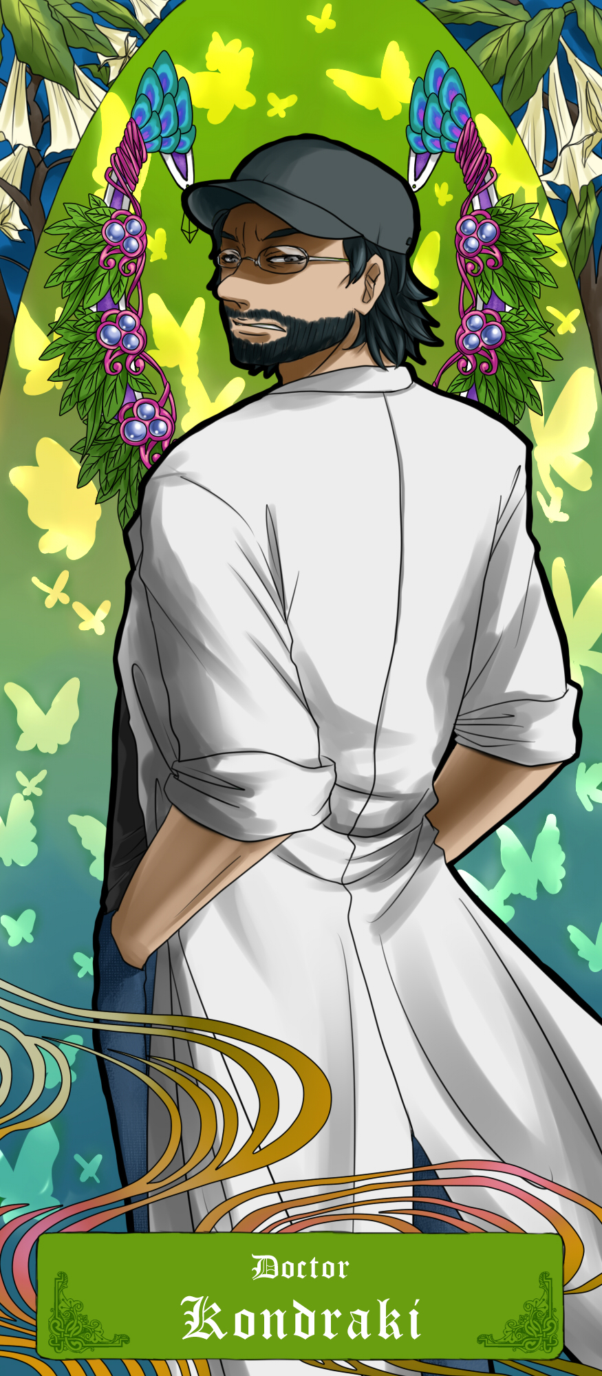 1boy, art_nouveau, baseball_cap, beard, black_eyes, black_hair, butterfly, character_name