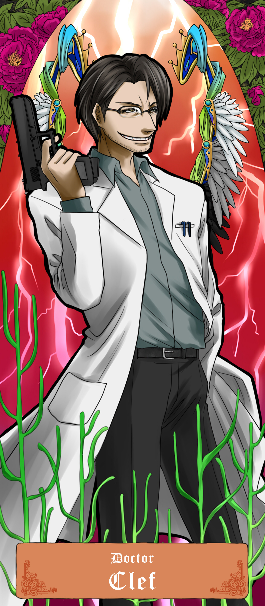 1boy, alto_clef, art_nouveau, black_hair, character_name, dragon_ash, facial_hair, flower