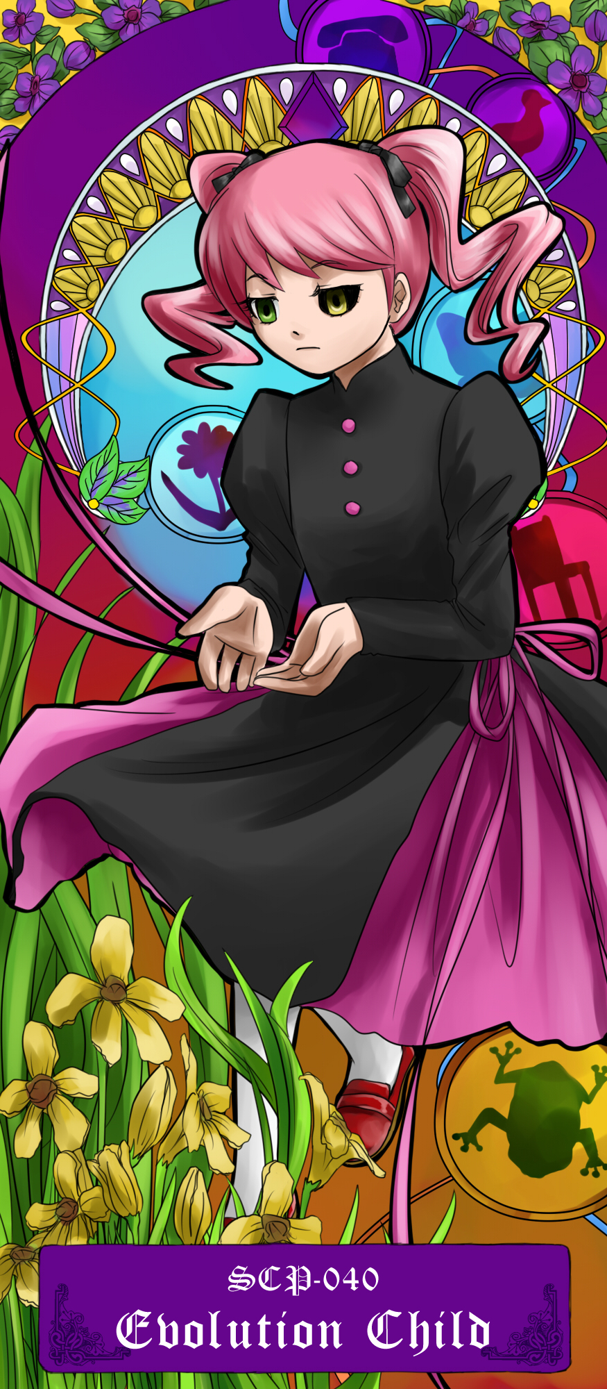 1girl, art_nouveau, black_sclera, character_name, cupping_hands, dragon_ash, dress, flower