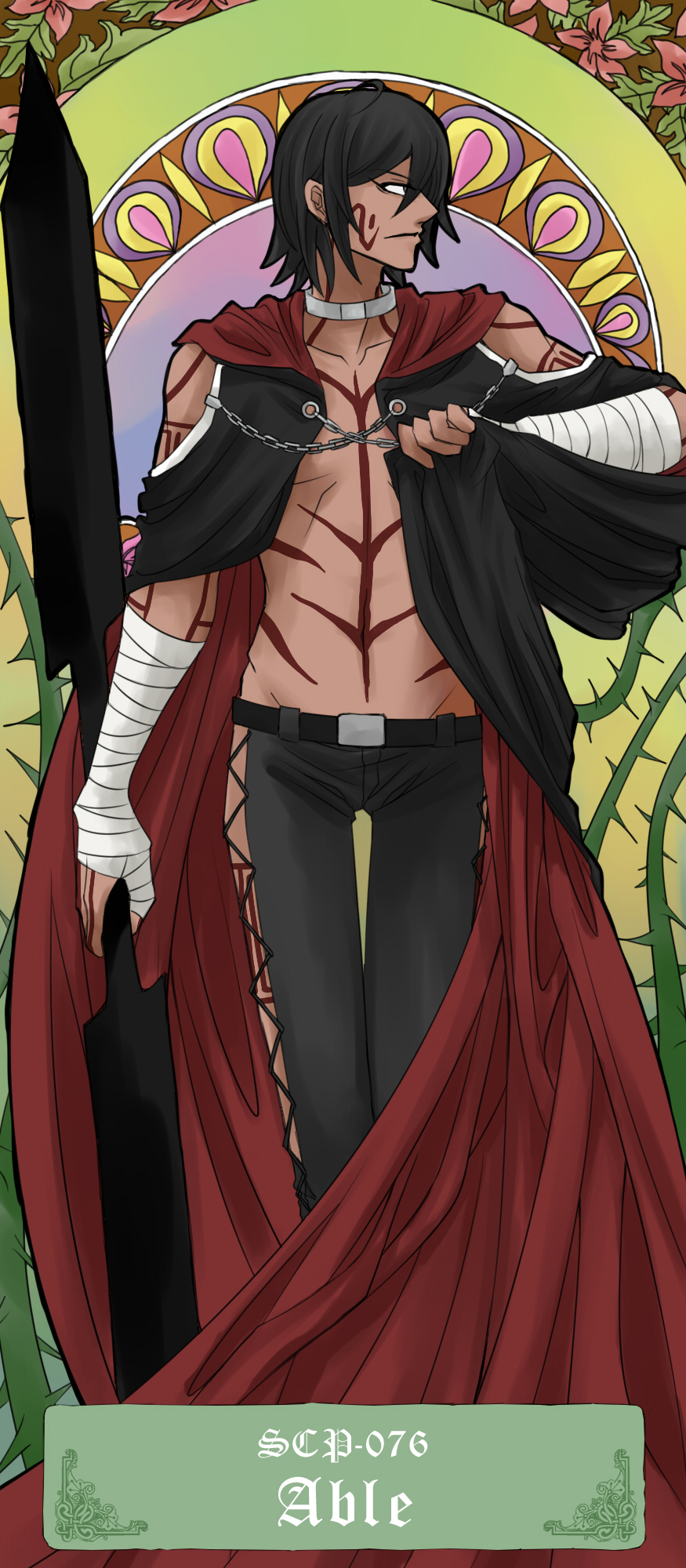1boy, ahoge, art_nouveau, bandages, belt, black_hair, cape, chain, character_name, dark_skin, dragon_ash, highres, jewelry, male, navel, necklace, scp-076-2, scp_foundation, solo, tattoo, thigh_gap, thorns, topless, weapon