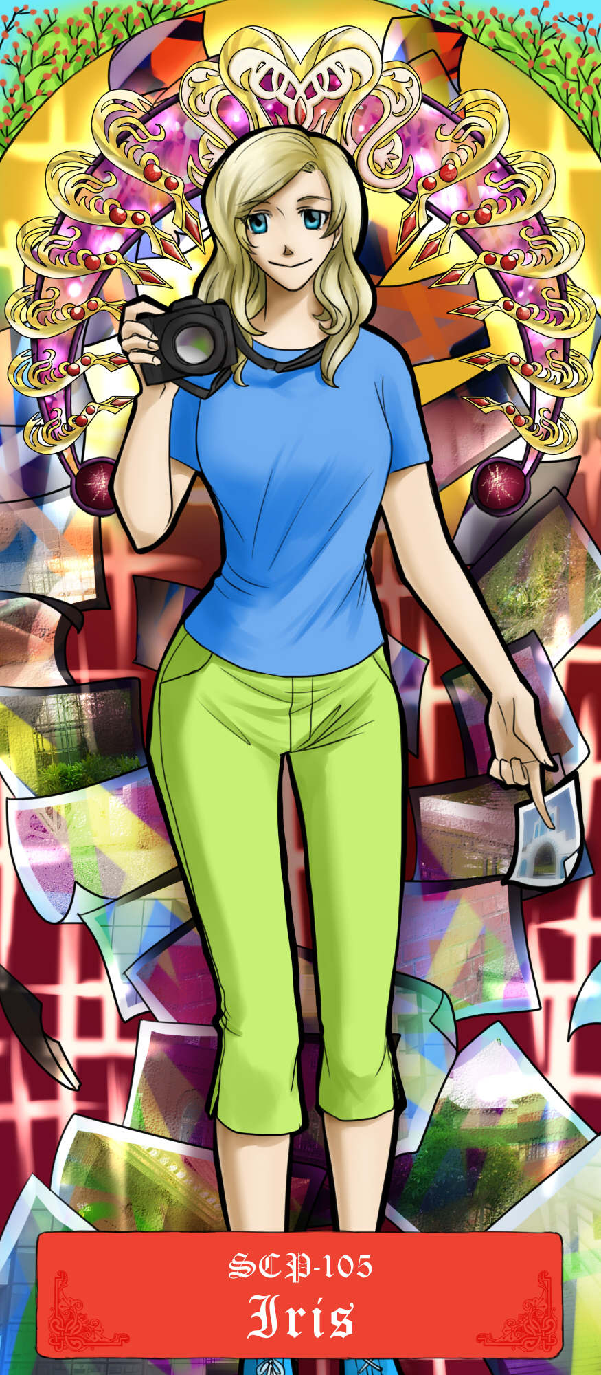 1girl, art_nouveau, blonde_hair, blue_eyes, camera, capri_pants, character_name, dragon_ash