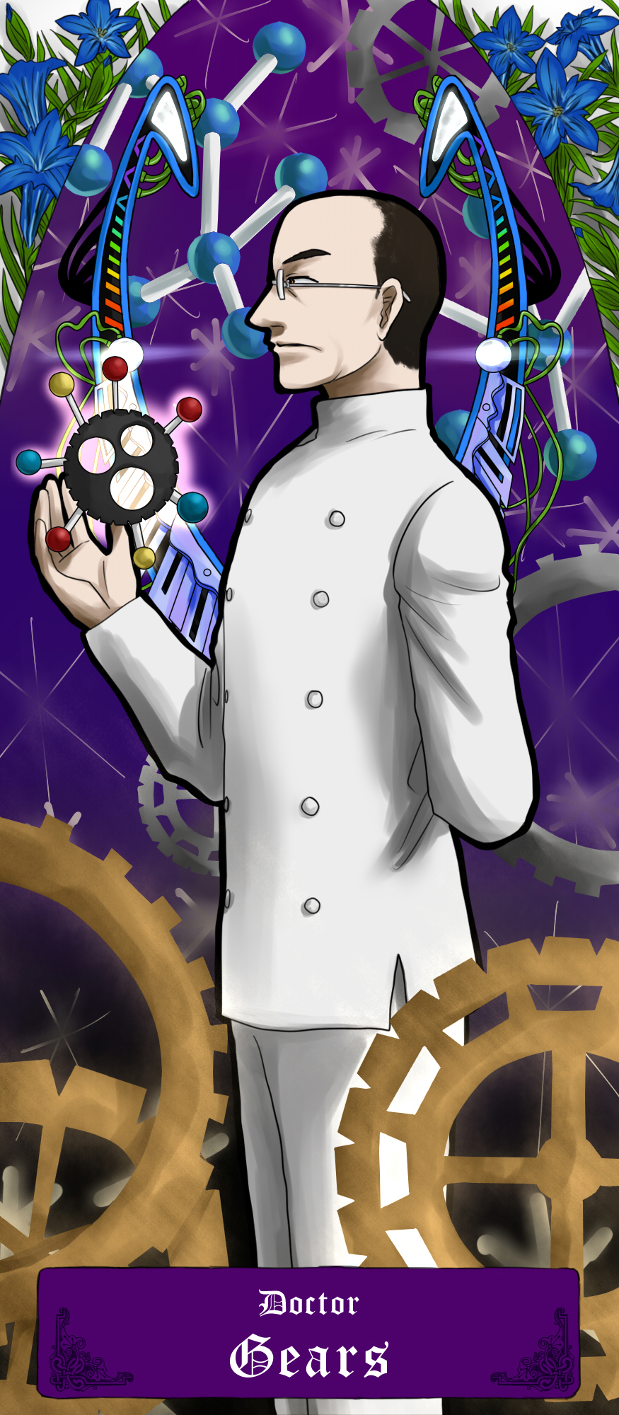 1boy, arm_behind_back, art_nouveau, character_name, dragon_ash, flower, gears, gears_(scp)