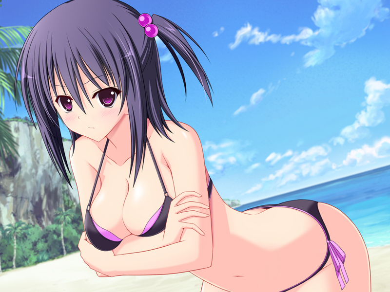 1girl, beach, bikini, black_hair, breasts, cleavage, leaning_forward, original