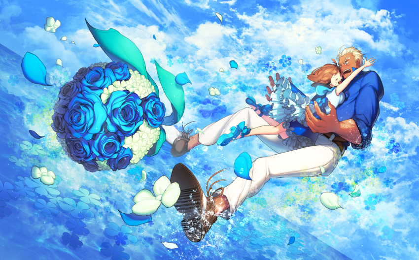 1boy, 1girl, blonde_hair, blue_rose, blue_sky, blush, bouquet, brown_hair