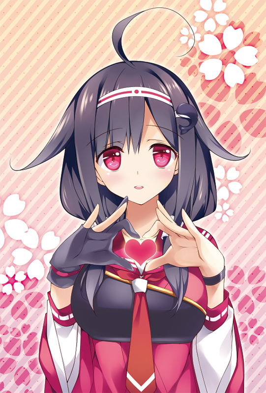 ahoge, black_hair, blush, hairband, heart, heart_hands, japanese_clothes, kantai_collection