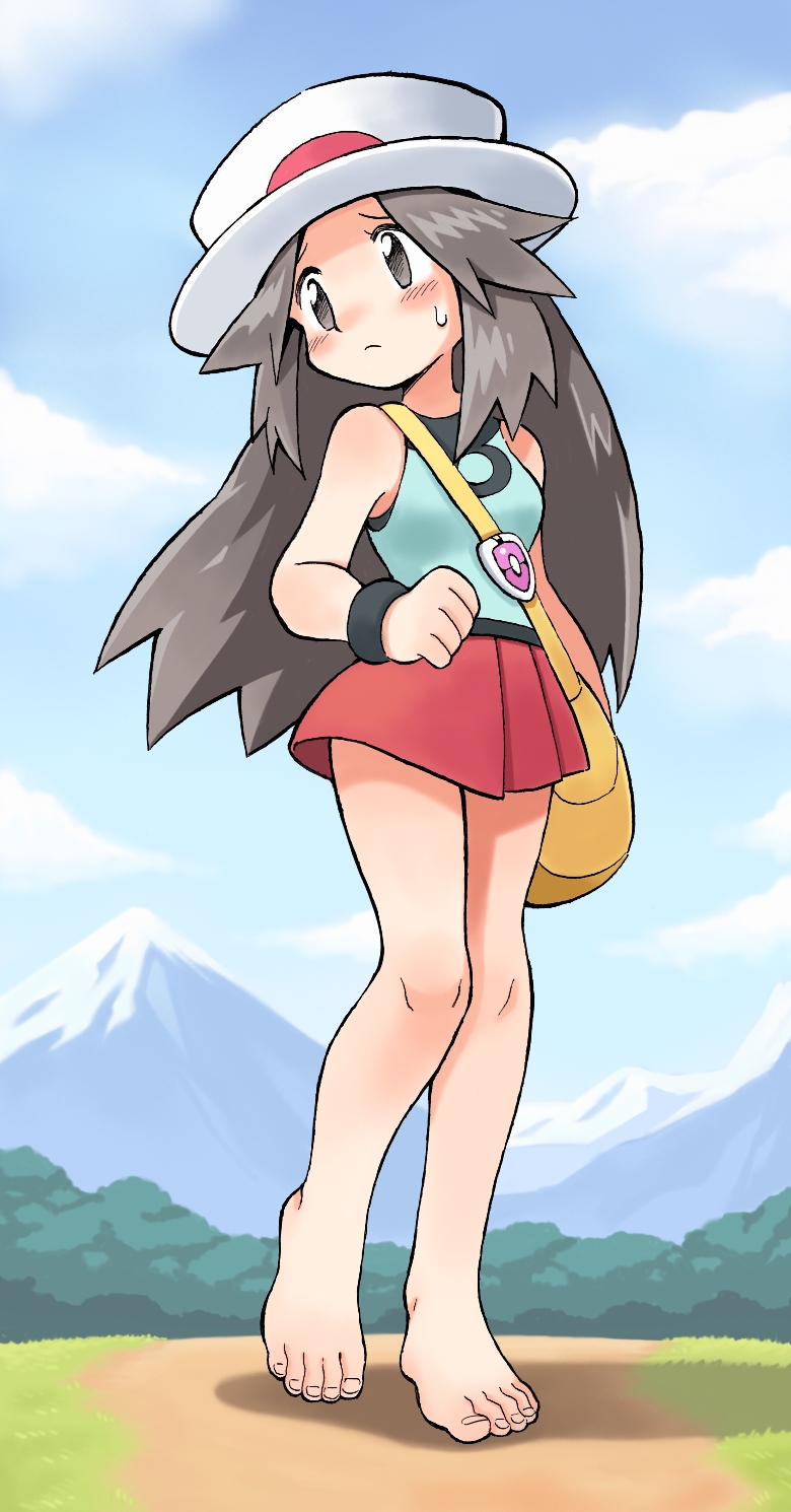 1girl, bag, barefoot, blue_(pokemon), blush, brown_eyes, brown_hair, feet, handbag, hat, highres, legs, long_hair, oyatsu_(mk2), pokemon, pokemon_(game), pokemon_frlg, skirt, sky, solo, sweatdrop, toes
