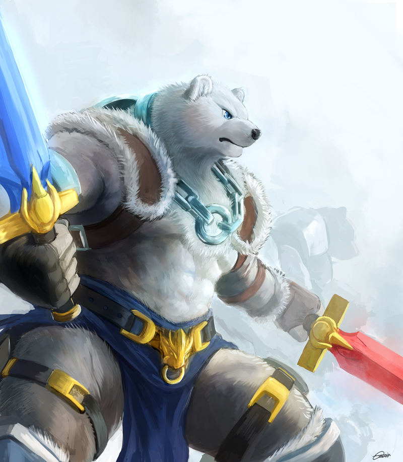 1boy, armband, armor, bear, dual_wielding, fighting_pose, fire, gawain_osono, gloves, ice, kemono, kemonobito, kneehigh, leg_strap, loincloth, muscle, necklace, osono, polar_bear, shield, sword, ursine, vest, weapon, white_hair