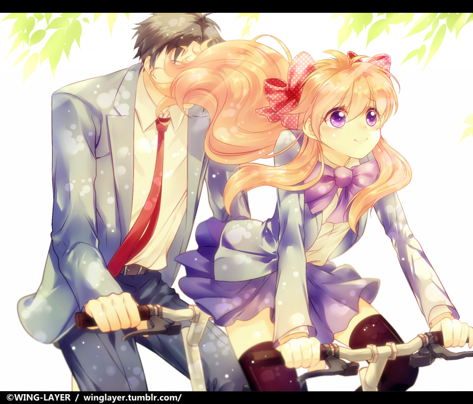 bicycle, black_hair, blush, gekkan_shoujo_nozaki-kun, long_hair, nozaki_umetarou, orange_hair, ribbon
