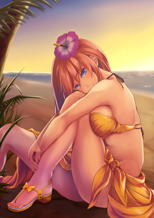 beach, bikini, bit_(keikou_syrup), blue_eyes, flower, flower_on_head, long_hair, megurine_luka