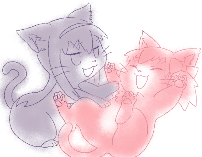 2girls, :d, akemi_homura, animalization, black_hair, bow, cat, closed_eyes