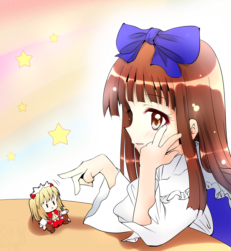 1girl, bangs, blonde_hair, blush, bow, brown_eyes, brown_hair, doll