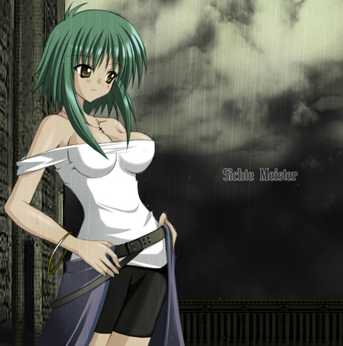 breasts, cross, dark_skin, green_hair, half-skirt, jewelry, large_breasts, lowres