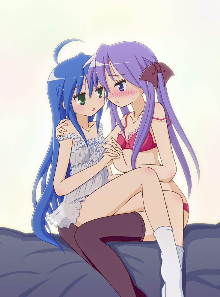 2girls, ahoge, bare_shoulders, bed, blue_eyes, blue_hair, blush, bra
