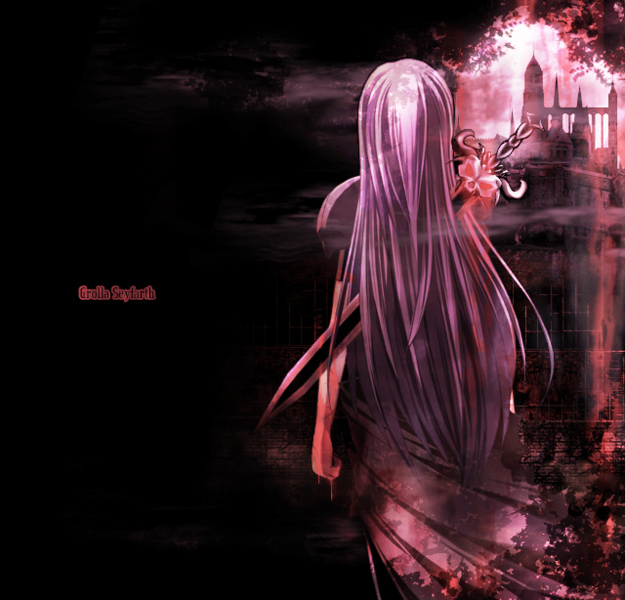 armor, blood, bodysuit, castle, cloth, from_back, grolla_seyfarth, purple_hair