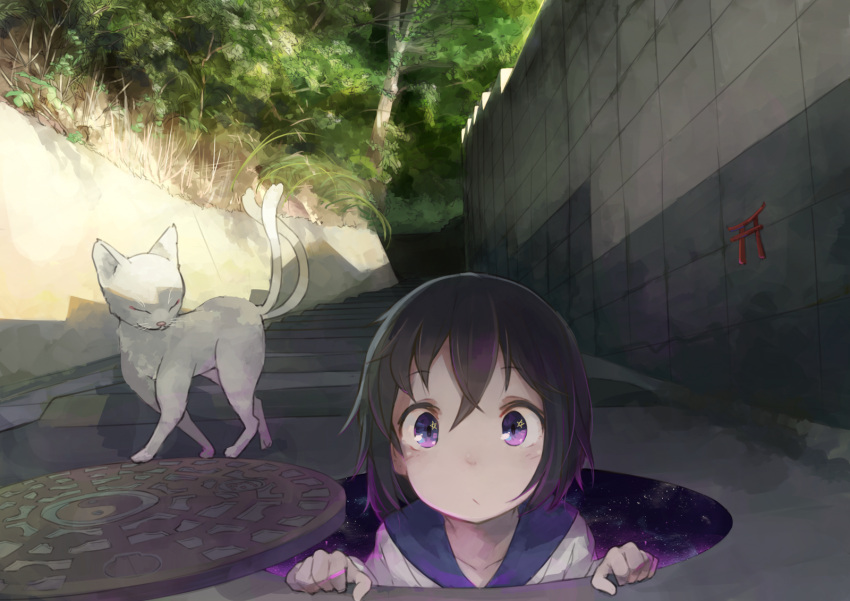brown_hair, highres, manhole_cover, nekomata, original, roll_okashi, short_hair, stairs