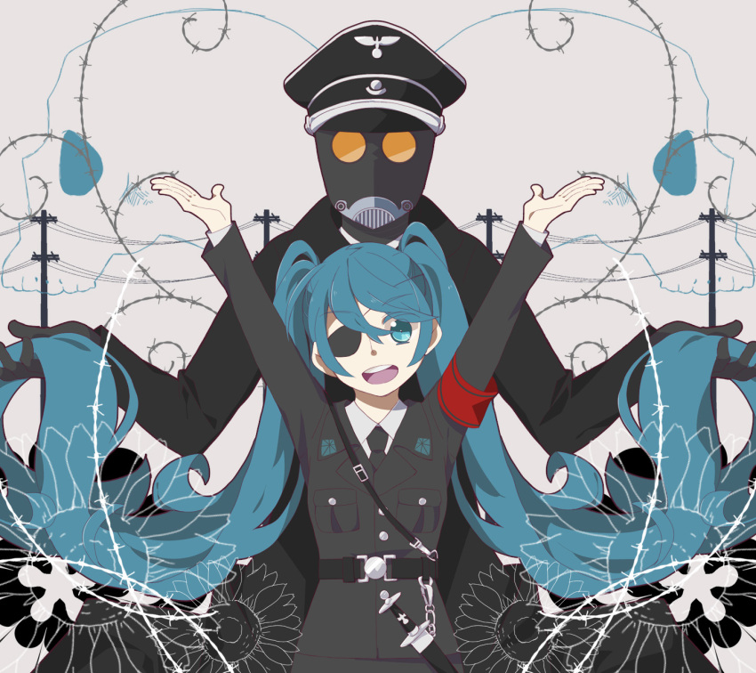 1boy, 1girl, :d, absurdly_long_hair, arms_up, blue_eyes, blue_hair, collared_shirt, compa_kuki, eyepatch, gas_mask, hatsune_miku, hellboy_(comic), highres, holding_hair, karl_ruprecht_kroenen, long_hair, military, military_hat, military_uniform, nazi, necktie, open_mouth, power_lines, sheath, sheathed, smile, solo_focus, sword, uniform, very_long_hair, vocaloid, weapon