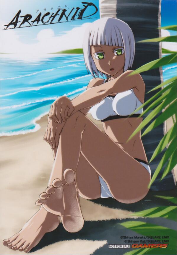 1girl, arachnid_(series), beach, bob_cut, copyright_name, crossed_legs, dinoponera_(arachnid), feet