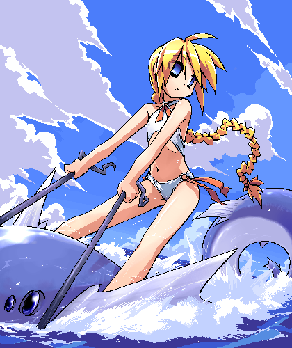 blonde_hair, blue_eyes, braid, cloud, flat_chest, lowres, ocean, oekaki