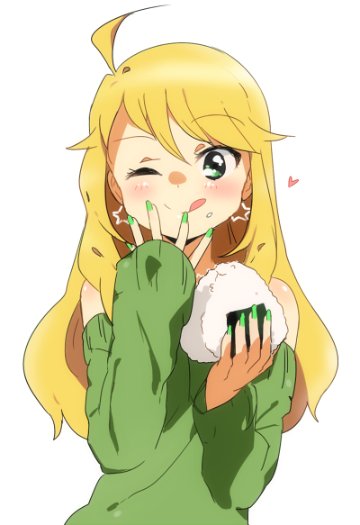 blonde_hair, earrings, food, green_eyes, heart, hoshii_miki, idolmaster, jewelry, long_hair, one_eye_closed, onigiri, peachmaiden, smile, tongue