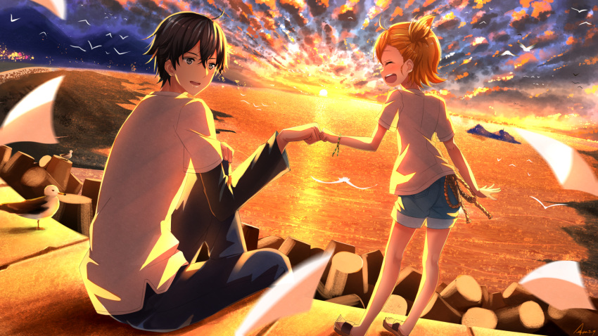 1boy, 1girl, :d, ^_^, barakamon, bird, black_hair, bloud