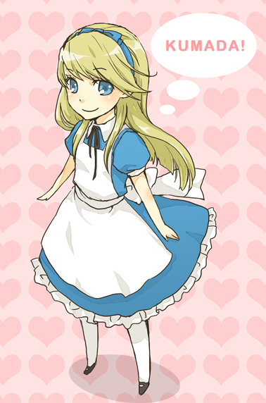 1boy, alice_(wonderland), alice_(wonderland)_(cosplay), alice_in_wonderland, apron, atlus, blonde_hair, blue_eyes