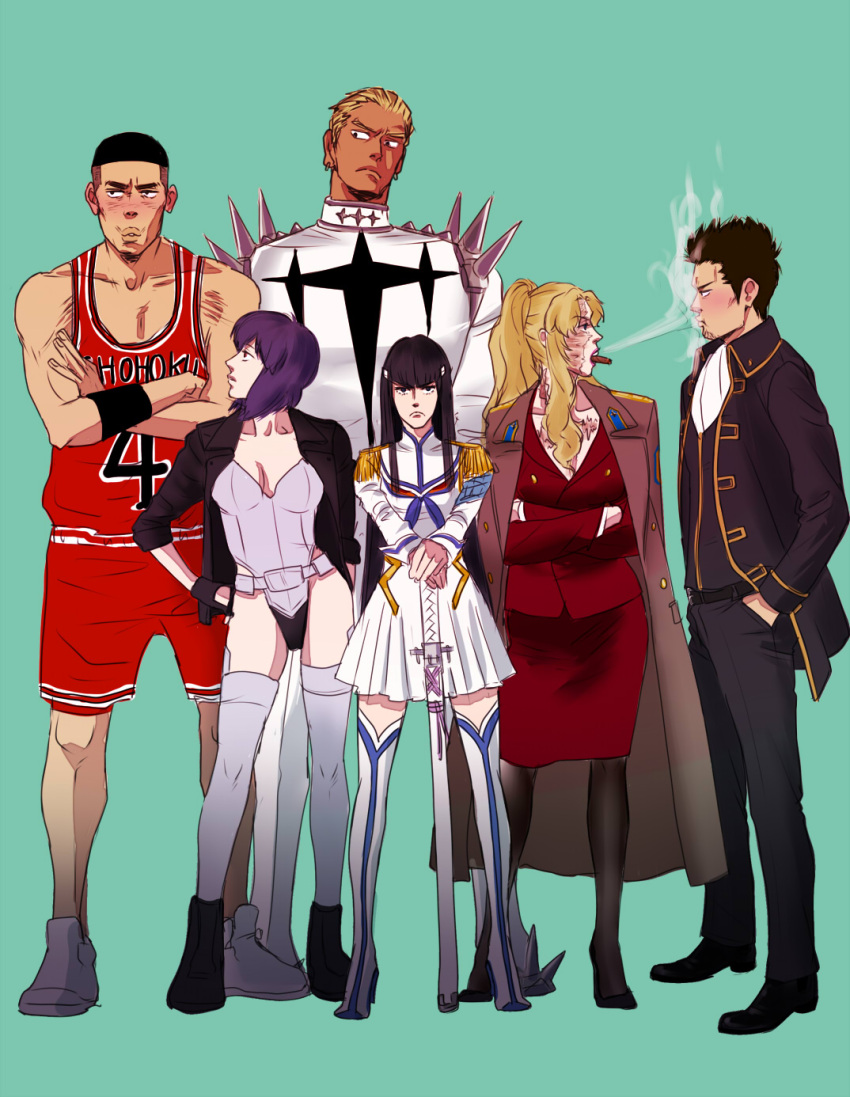 3boys, 3girls, akagi_takenori, balalaika_(black_lagoon), baseball_uniform, black_lagoon, cigar, gamagoori_ira