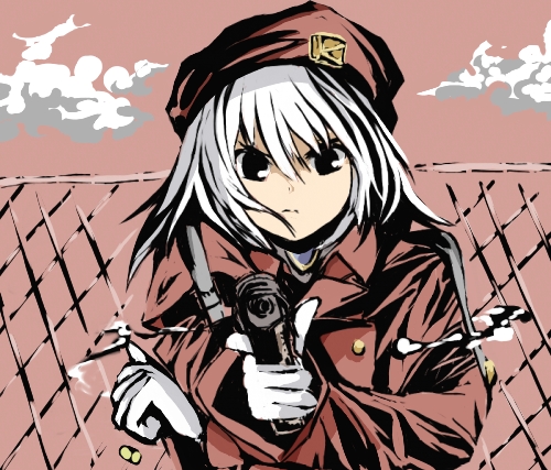 1girl, aiming_at_viewer, beret, borrowed_character, chain-link_fence, elena_trafalgar, gloves, gun, hat, holding_arm, long_hair, lowres, military, military_uniform, original, pistol, red_eyes, solo, tanpopo_(okirakujin), trigger_discipline, uniform, weapon, white_gloves, white_hair