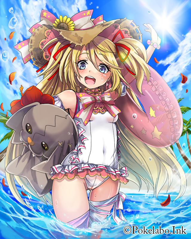 1girl, blonde_hair, blue_eyes, casual_one-piece_swimsuit, hat, innertube, long_hair, one-piece_swimsuit