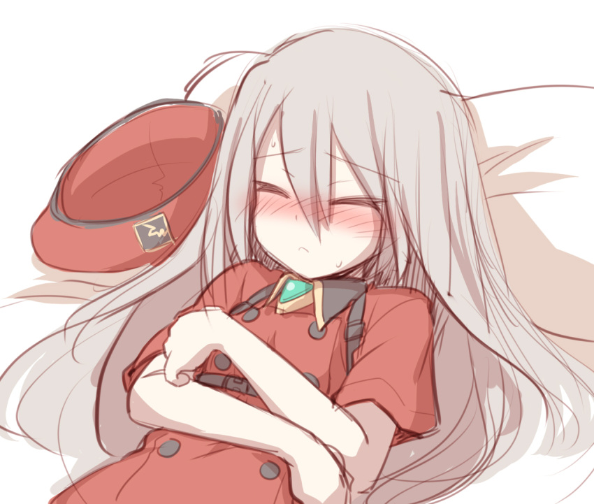 1girl, beret, blush, closed_eyes, crossed_arms, elena_trafalgar, hat, hat_removed