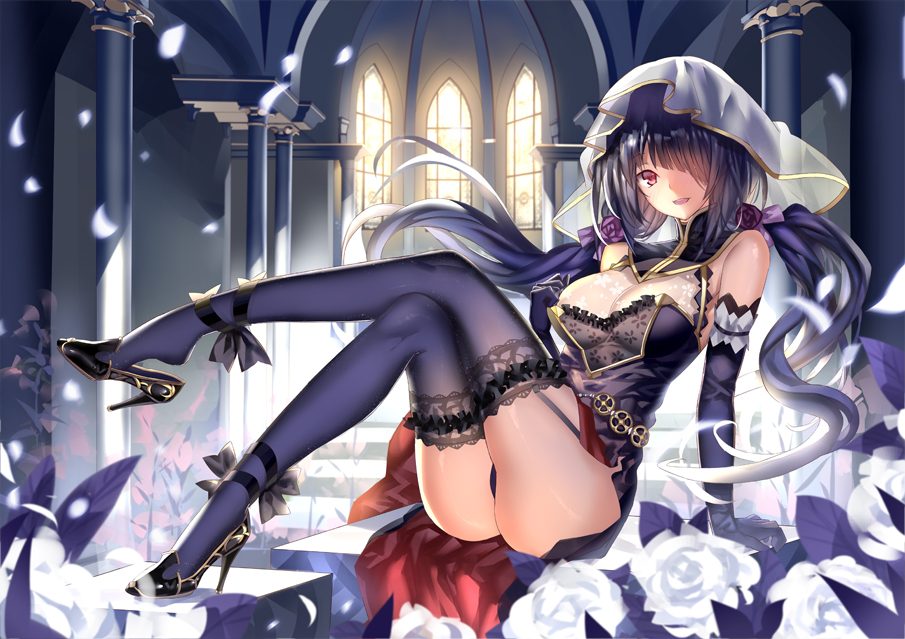 1girl, black_hair, breasts, cleavage, date_a_live, long_hair, looking_at_viewer, miyazaki_byou, solo, thighighs, tokisaki_kurumi, twintails