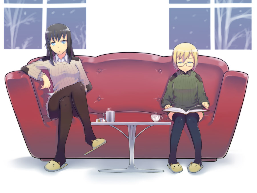 blonde_hair, blue_eyes, book, brown_hair, cigarette, couch, crossed_legs, elizabeth_f_beurling