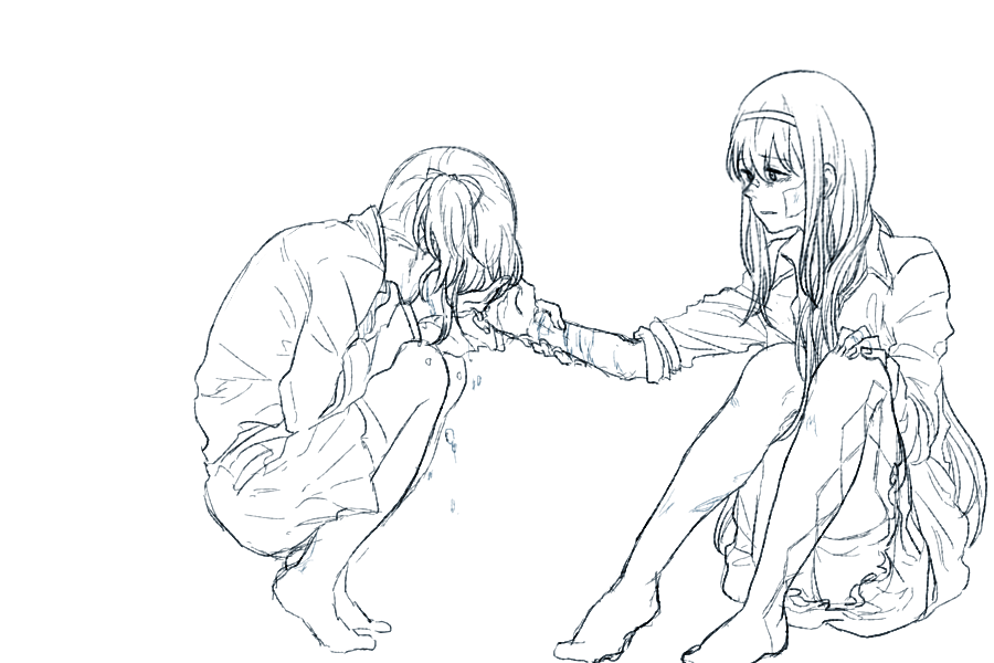 2girls, akemi_homura, covering_face, crying, greyscale, hairband, hand_on_another's_cheek, hand_on_another's_face, kaname_madoka, long_hair, looking_at_another, magical_girl, mahou_shoujo_madoka_magica, monochrome, multiple_girls, pantyhose, papeapoo, poultice, school_uniform, short_hair, short_twintails, simple_background, sitting, skirt, squatting, thigh-highs, twintails, white_background, yuri, zettai_ryouiki