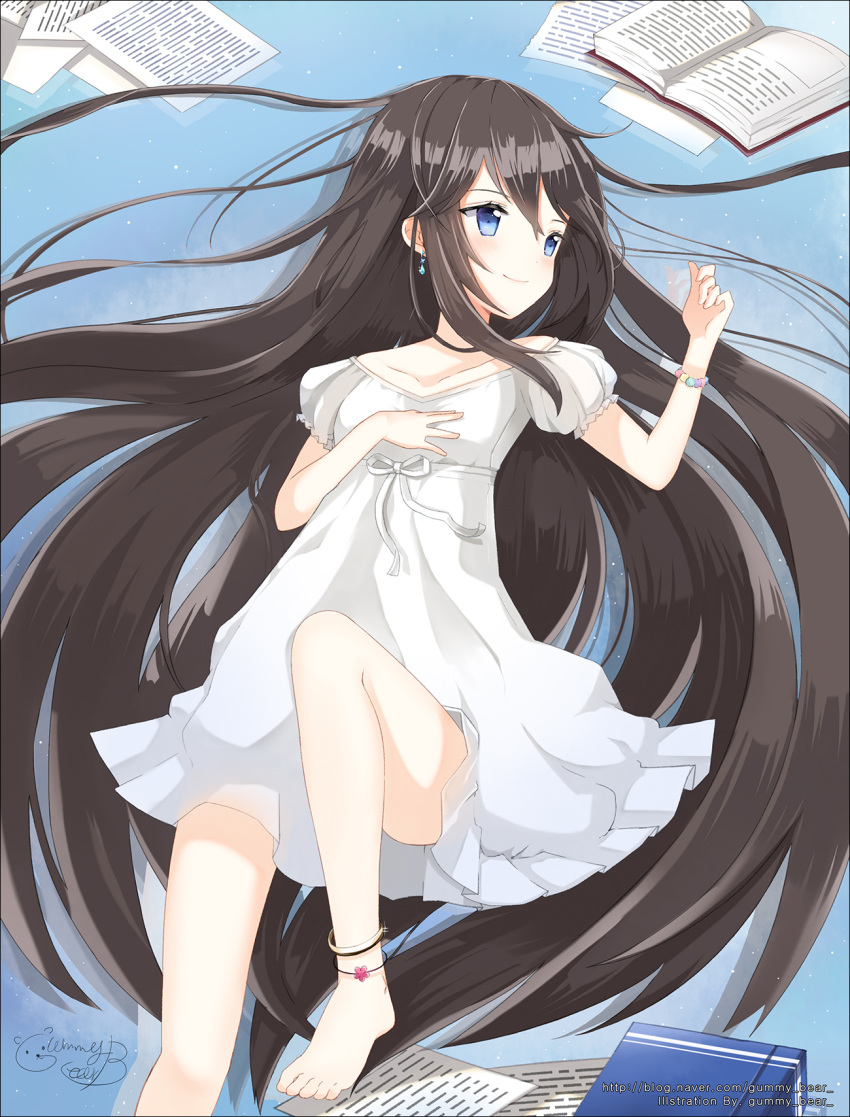 anklet, barefoot, black_hair, blue_eyes, book, dress, earrings, highres