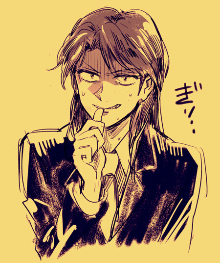 1boy, formal, ichijou_(kaiji), kaiji, long_hair, male, monochrome, necktie