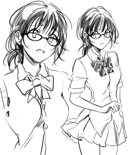 1girl, bowtie, coppelion, glasses, looking_at_viewer, miniskirt, monochrome, nomura_taeko