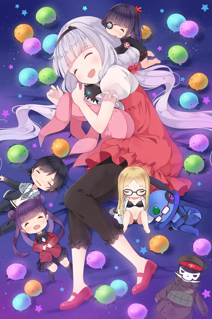 3boys, 4girls, bangs, black_bra, black_hair, black_panties, blonde_hair, blunt_bangs