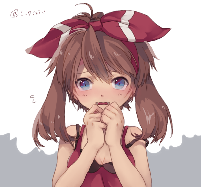 1girl, blue_eyes, blush, brown_hair, close-up, fangs, hair_ribbon, hands_on_own_face, haruka_(pokemon), haruka_(pokemon)_(remake), looking_at_viewer, off_shoulder, open_mouth, pokemon, pokemon_(game), pokemon_oras, ribbon, sleeveless, sleeveless_shirt, solo, syerii, two_side_up