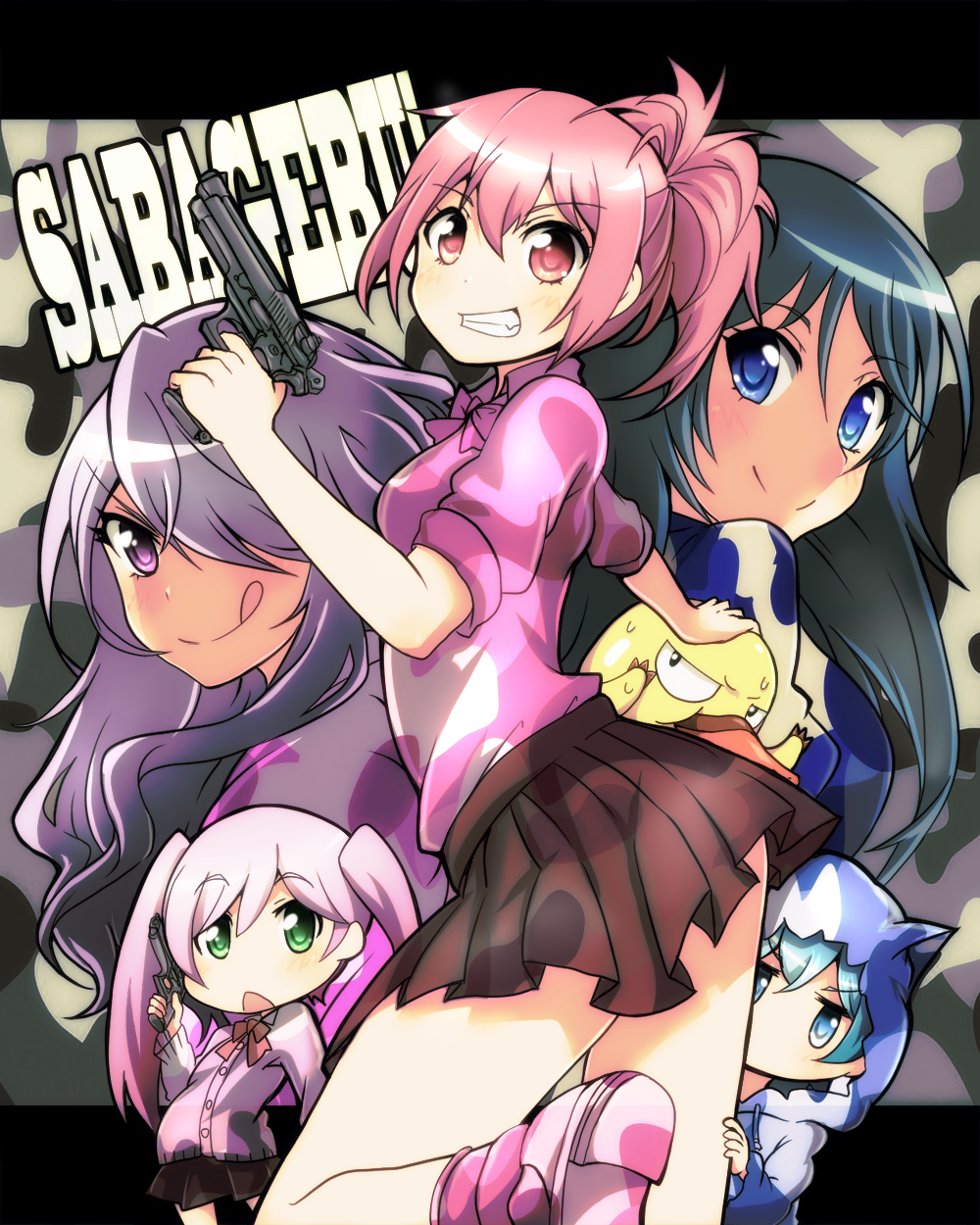 5girls, :d, blue_eyes, blue_hair, cardigan, copyright_name, goutokuji_kayo, green_eyes