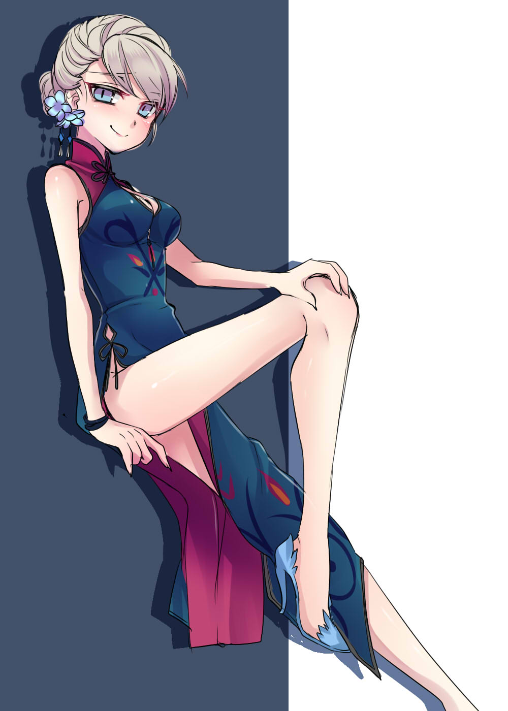 1girl, bare_legs, blonde_hair, blue_eyes, blush, bracelet, braid, breasts, china_dress, chinese_clothes, cleavage_cutout, dress, elsa_(frozen), flower, french_braid, frozen_(disney), hair_flower, hair_ornament, high_heels, highres, jewelry, kokuchuutei, panties, short_hair, side-tie_panties, side_slit, sleeveless, sleeveless_dress, smile, solo, stiletto_heels, underwear