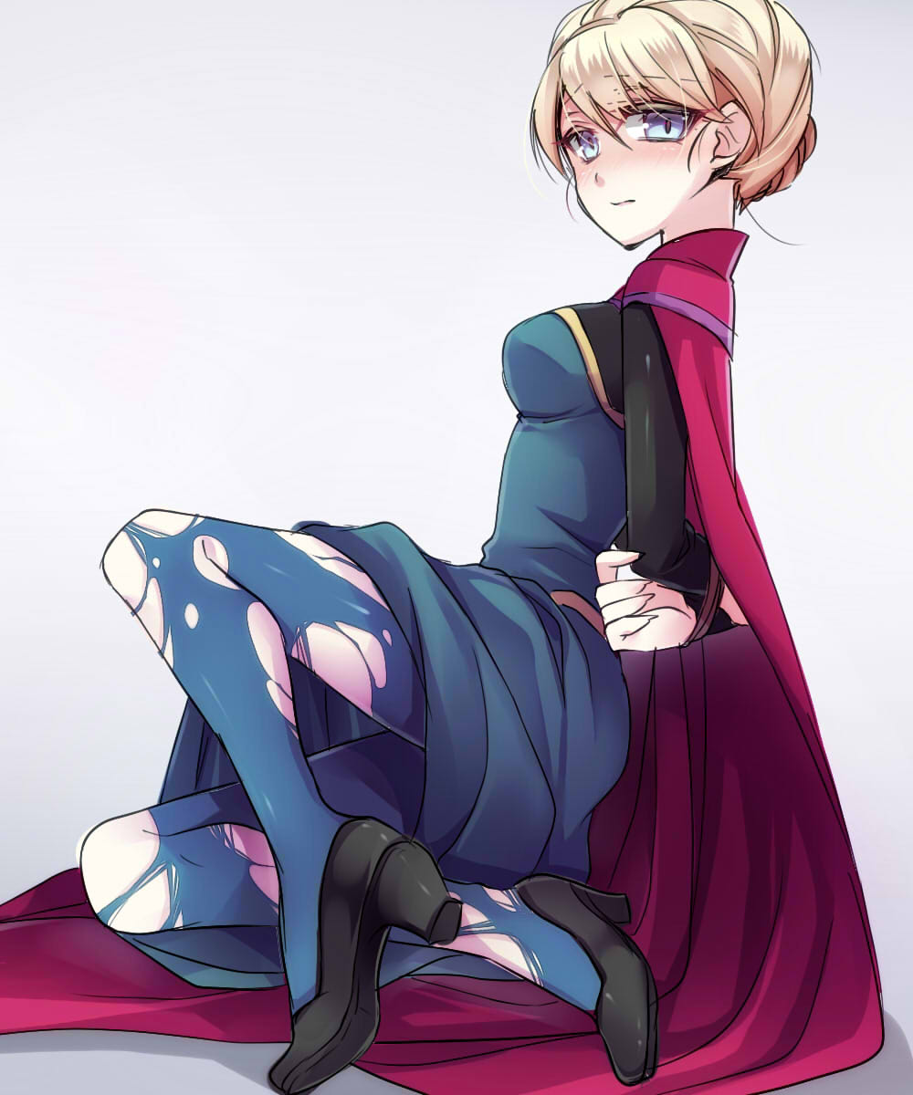 1girl, arms_behind_back, bdsm, blonde_hair, blue_eyes, blush, bondage, bound_wrists