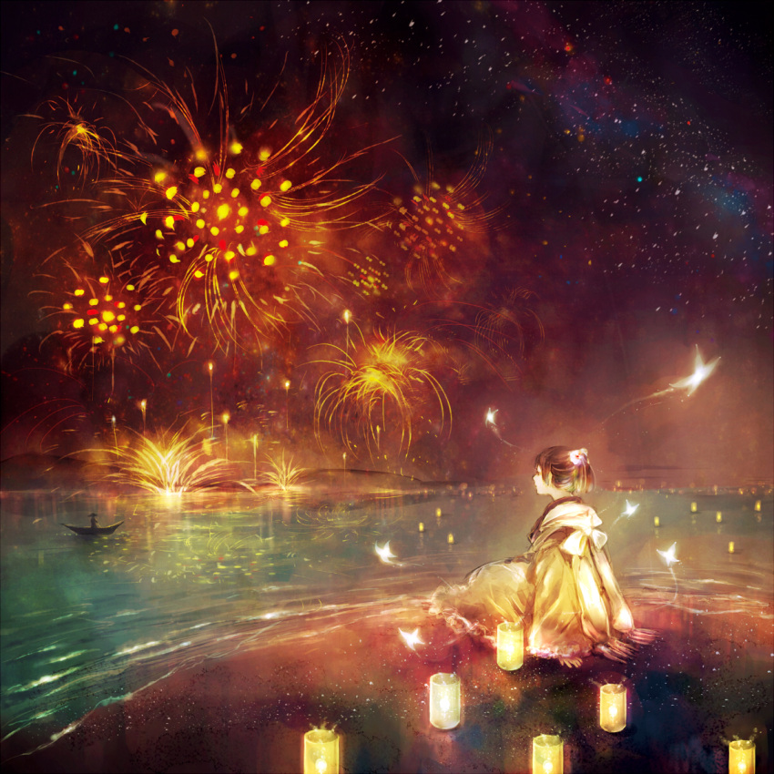 1girl, boat, candle, commentary, fireworks, flower, hair_flower, hair_ornament