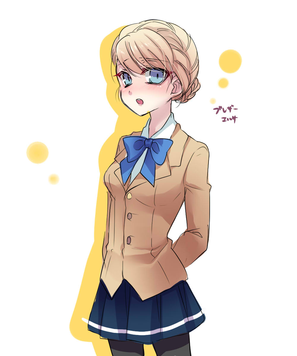 1girl, arms_behind_back, black_legwear, blazer, blue_eyes, bow, braid, contemporary