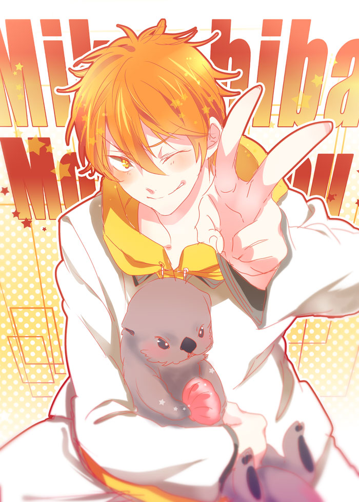 1boy, character_name, free!, ibuki_hasu, mikoshiba_momotarou, one_eye_closed, orange_hair, otter