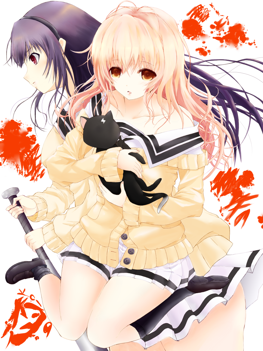 2girls, baseball_bat, cat, empty_eyes, kimi_to_kanojo_to_kanojo_no_koi., long_hair, mukou_aoi_(totono), multiple_girls