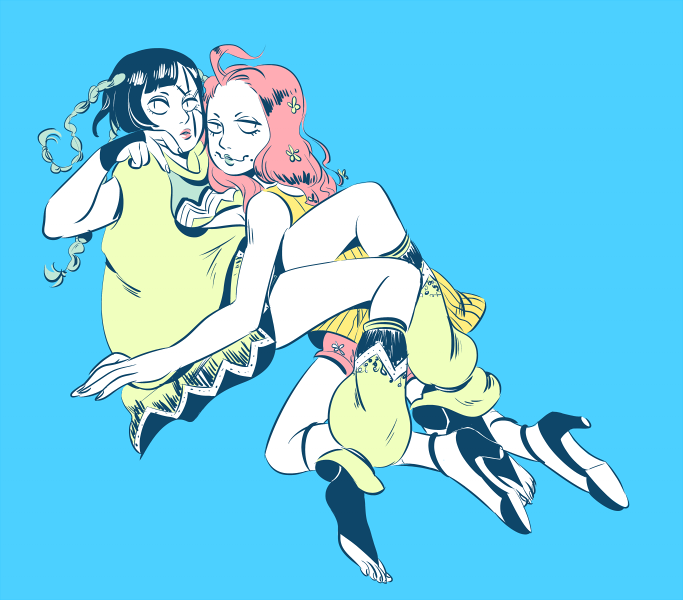 2girls, 6hours_(fancycars), ahoge, angelica_attanasio, black_hair, braid, high_heels, jojo_no_kimyou_na_bouken